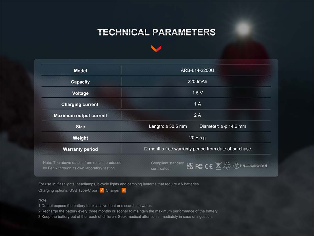 fenix arb-l14-2200u rechargeable battery specifications